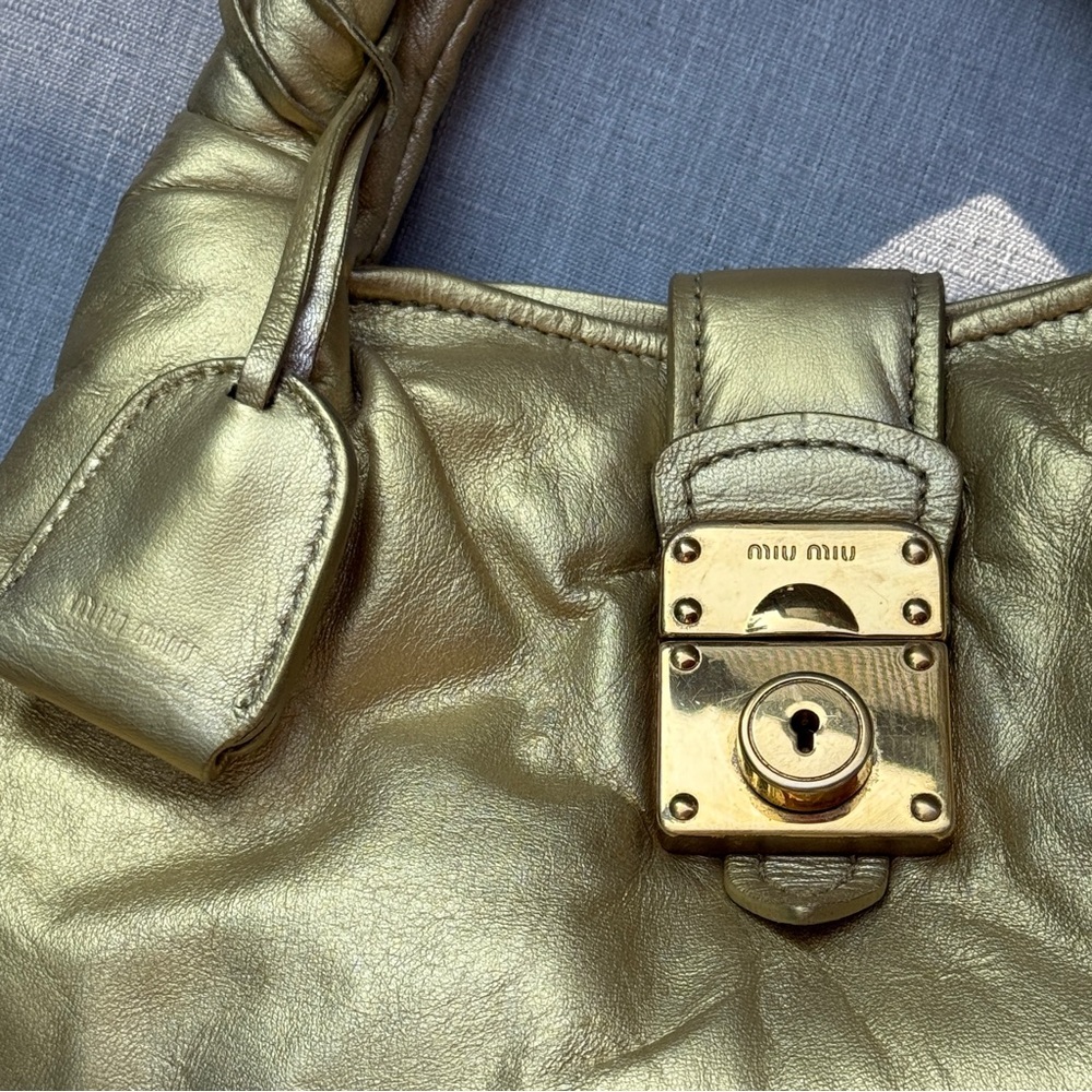Auth MUI MUI Elegant Gold Y2K mini hobo leather Women's Handbag RARE vintage - Picture 6 of 14